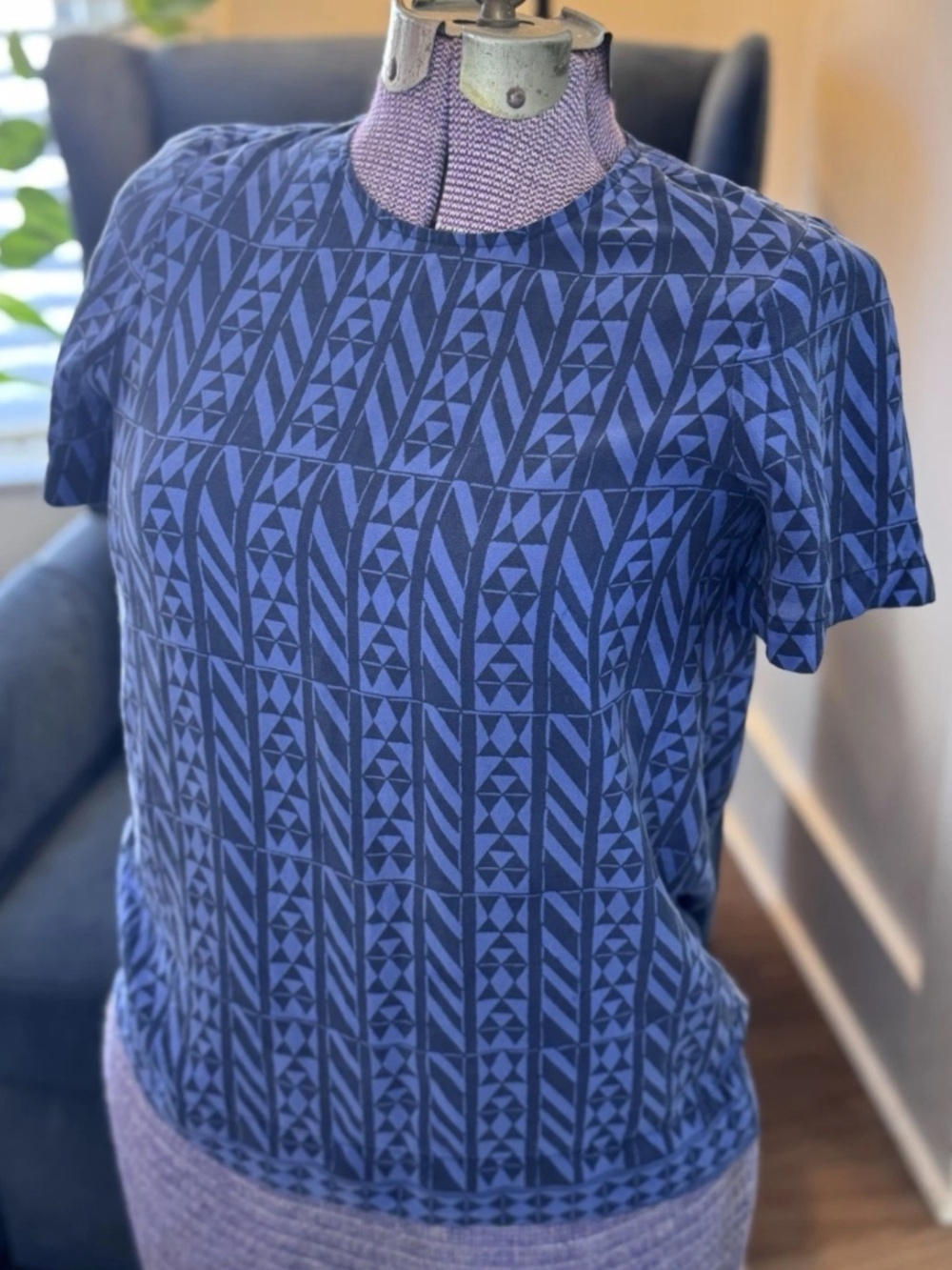 Madewell 100% Silk Geometric Print Blue Blouse Short Sleeve S